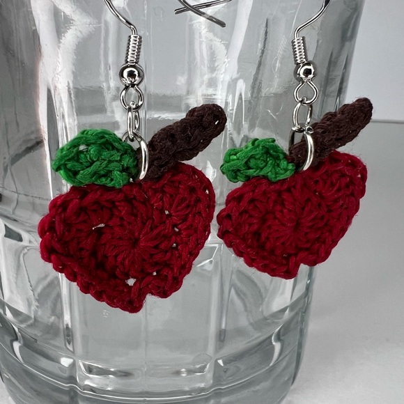 Handmade Crochet Apple Earrings on Hypoallergenic White Gold Plated Hooks Red - Picture 6 of 6